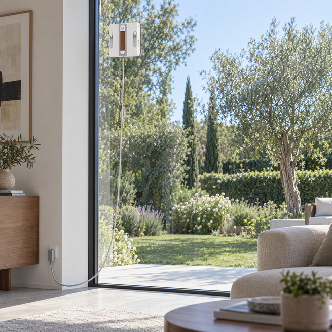 OLA Ultra sur un grand mur vitré donnant sur le jardin