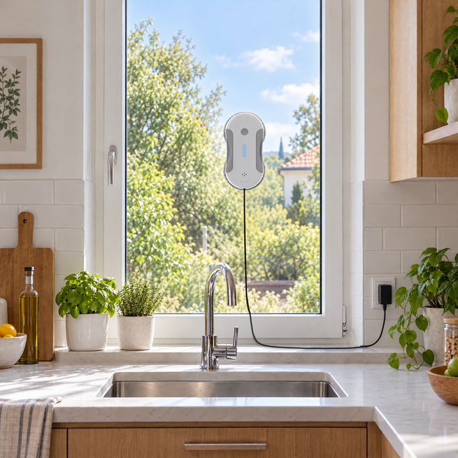 OLA Pro sur une fenêtre de cuisine, câble branché à la prise