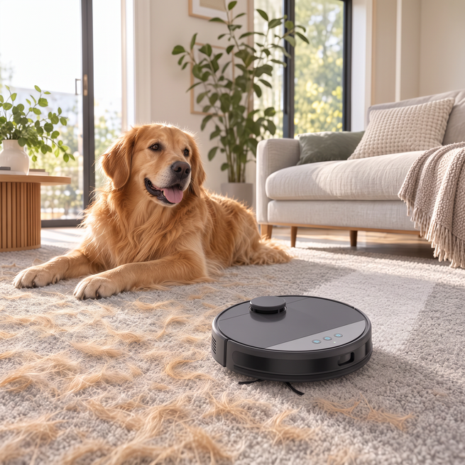 Lefant M1 sur un tapis avec un chien