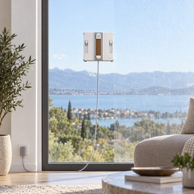 OLA Ultra au milieu d'une vitre à moitié lavée
