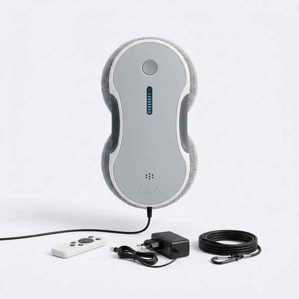 OLA Pro, robot lave-vitre, avec sa télécommande, son bloc d'alimentation et sa corde de sécurité