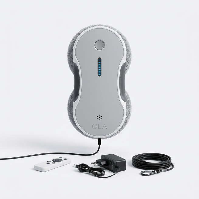 OLA Pro, robot lave-vitre, avec sa télécommande, son bloc d'alimentation et sa corde de sécurité