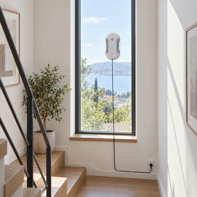 OLA Pro sur une fenêtre haute et étroite d'escalier